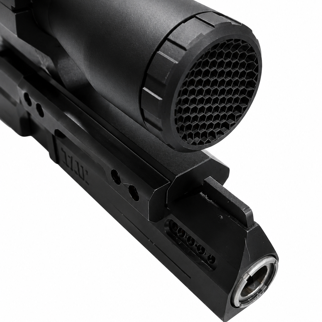 Close-up of Paradise Tactical honeycomb anti-reflection device mounted on pistol scope