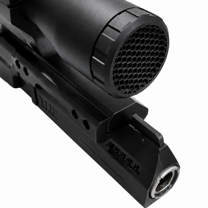 Close-up of Paradise Tactical honeycomb anti-reflection device mounted on pistol scope