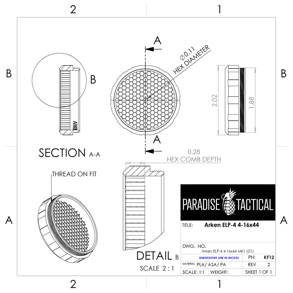 Technical drawing of KF12 honeycomb ARD killflash for Arken EPL-4 4-16x44 scope