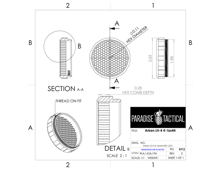 Technical drawing of KF12 honeycomb ARD killflash for Arken LH-4 4-16x44 scope
