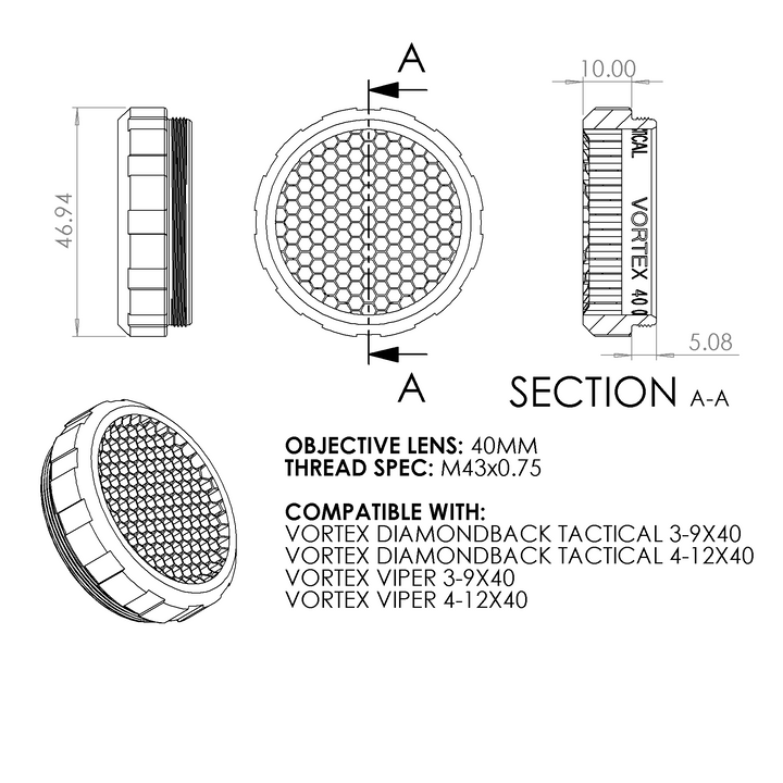 Technical drawing of a Honeycomb anti-reflection insert for Vortex Diamondback Tactical 3-9x40 optic