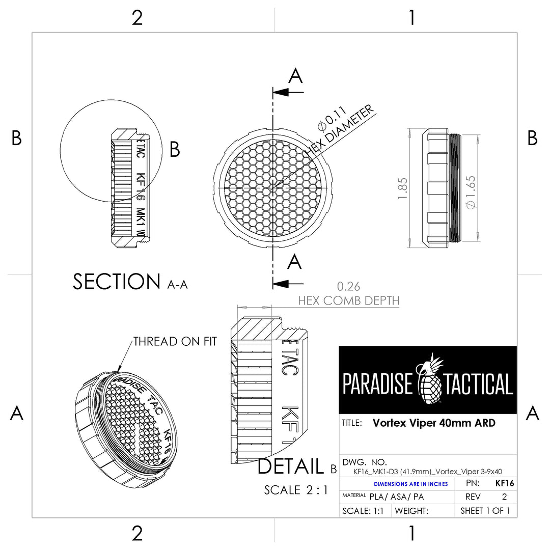 Technical drawing of KF16 honeycomb ARD killflash for Vortex Viper 40mm scopes