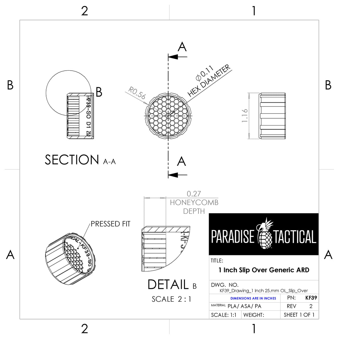Technical drawing of the Paradise Tactical KF39 slip-over ARD for 1 inch (25mm) objective lens tubes, showing the honeycomb killflash, section view and dimensions