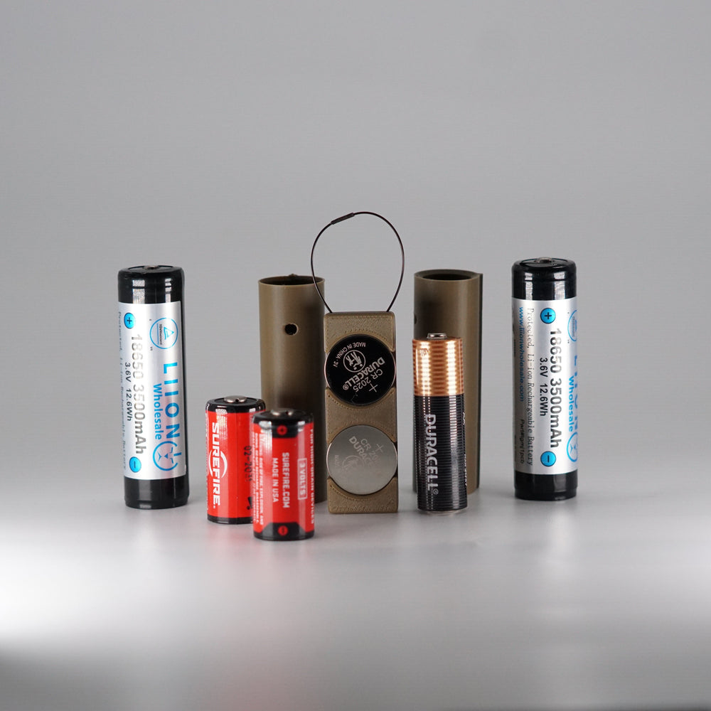 NODSBACK™ sleeve battery options showing 18650, cr123, aa, aaa, and cr2030 coin cell batteries. 