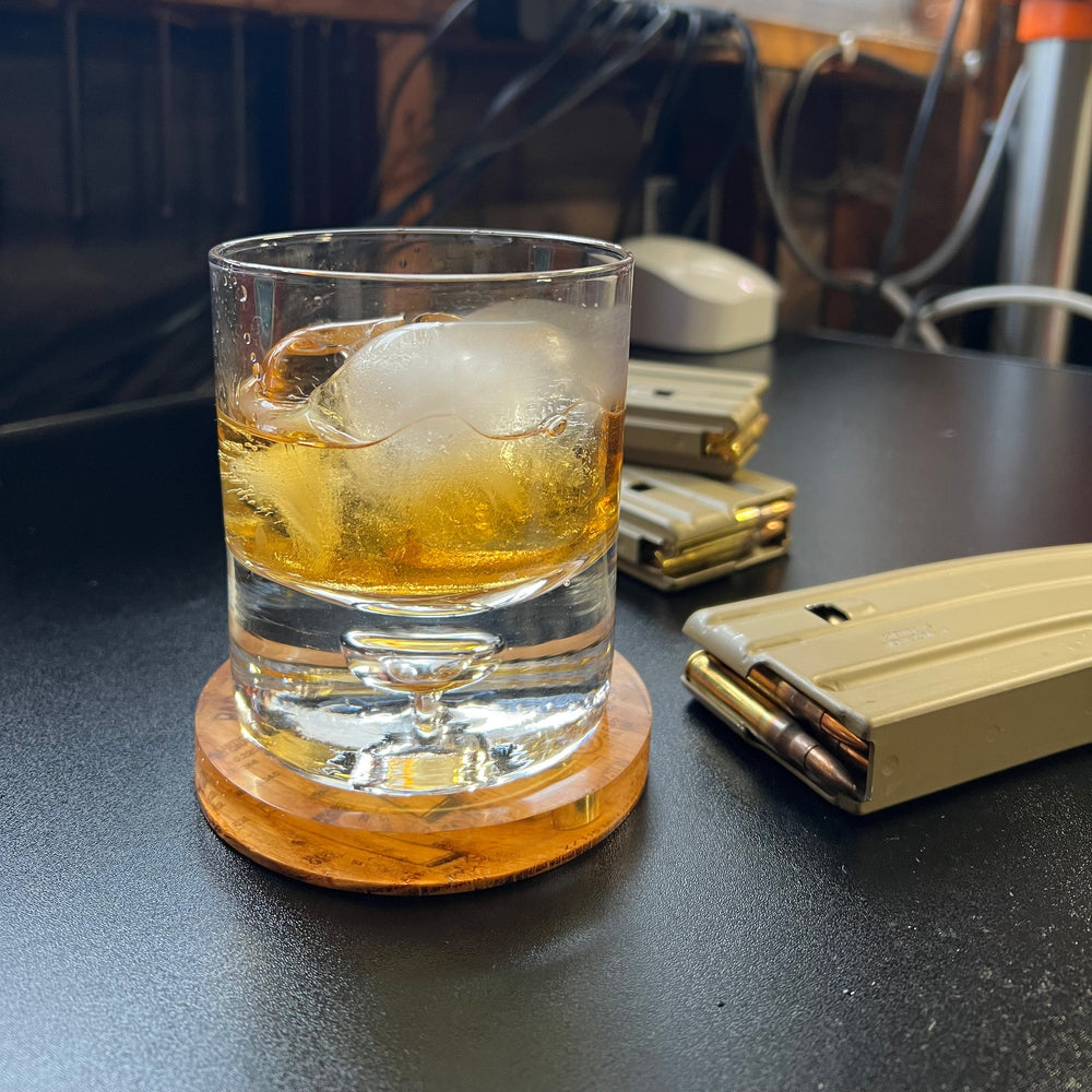 resin coasters with 556 ammo encased inside made with american oak bottoms