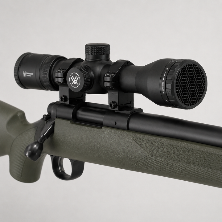 Matte black ARD for Vortex Diamondback 4-12x40 scope on a hunting rifle. 