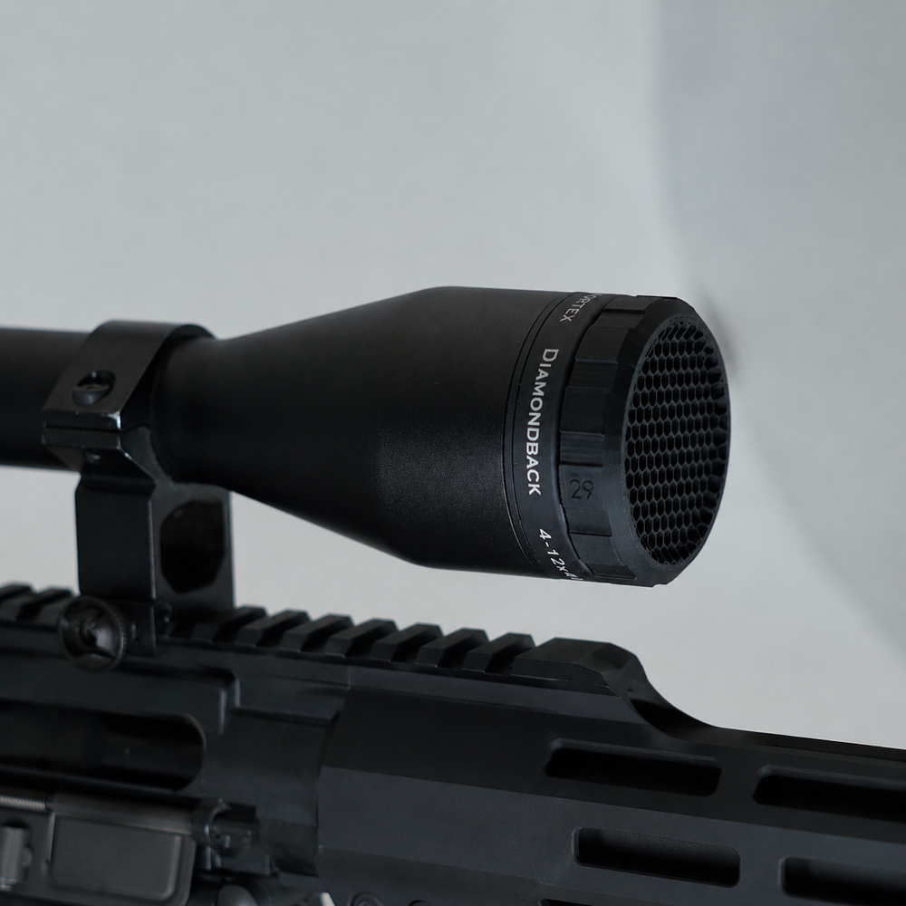 Vortex Diamondback 4-12x40 ARD Killflash Anti-Reflection Device by Paradise Tactical installed on a sportsman style rifle.