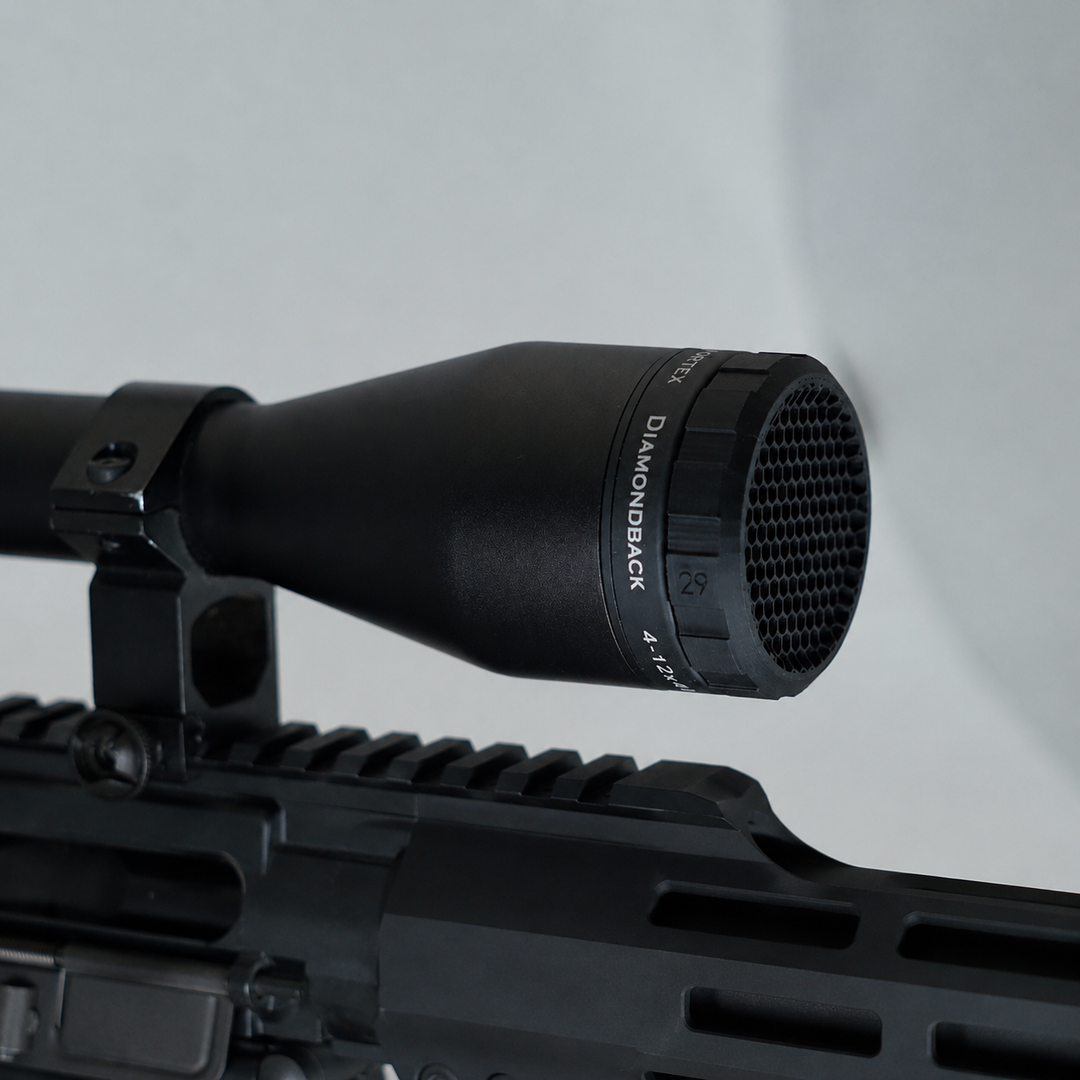 Vortex Diamondback 4-12x40 ARD Killflash Anti-Reflection Device by Paradise Tactical installed on a sportsman style rifle.